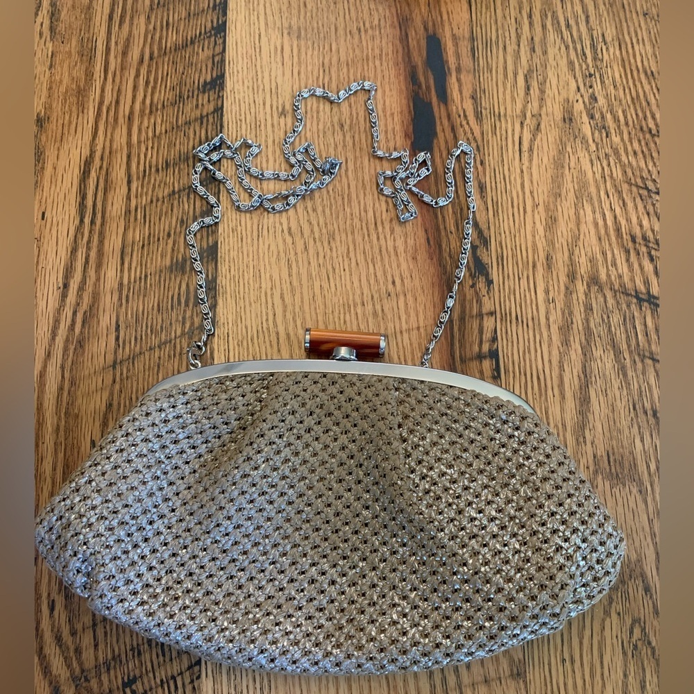 Chico's Gold tan woven Evening Bag clasp chain handle